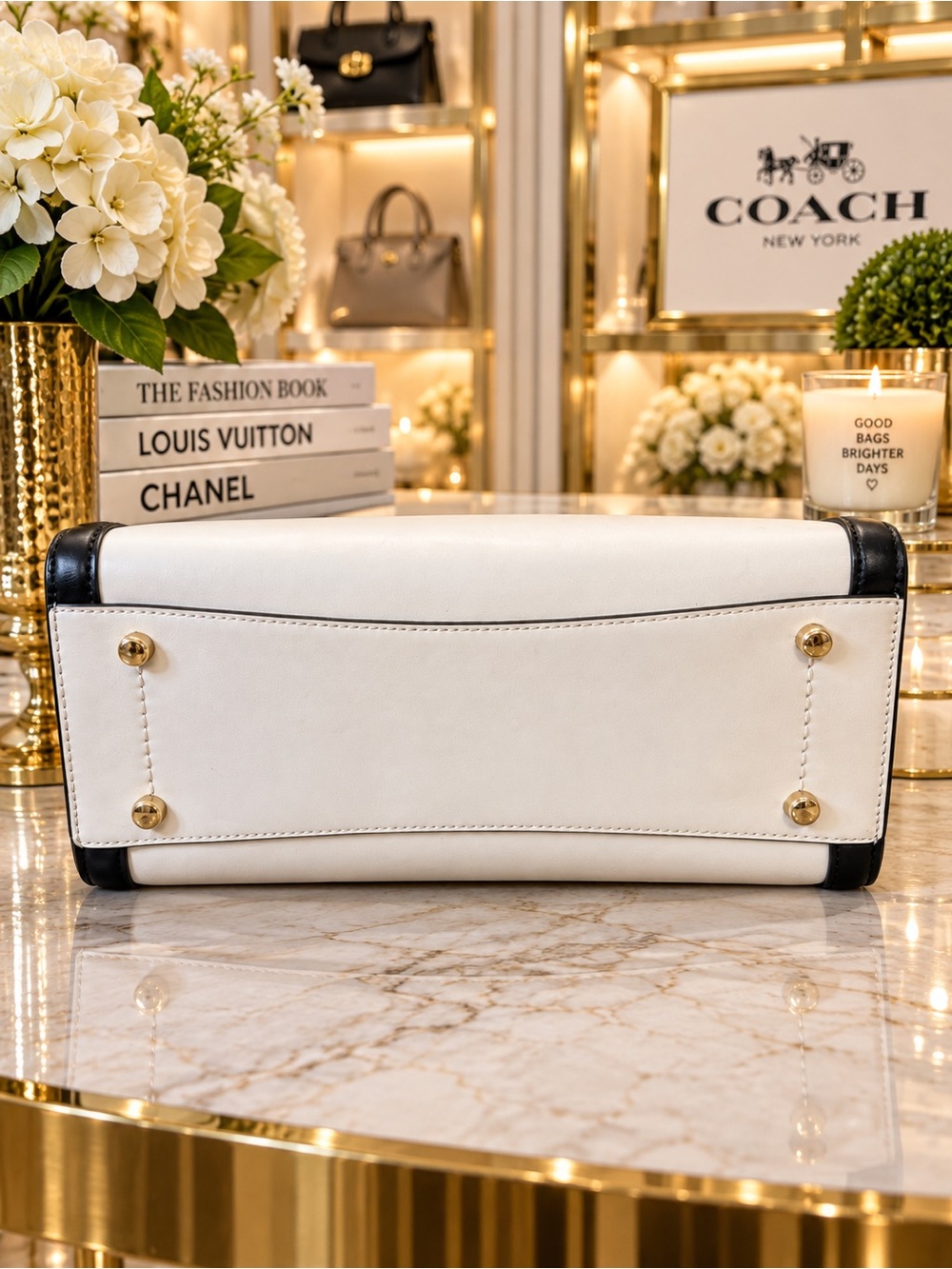 COACH Two-Tone Leather Satchel in White and Black with Gold Hardware - Picture 4 of 8